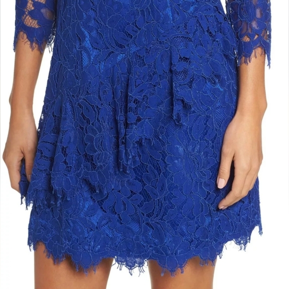 ELIZA J NWOT Cobalt Blue Sheer Lace Ruffle Peplum 3/4 Sleeve Cocktail Dress Sz 6 - Picture 2 of 14